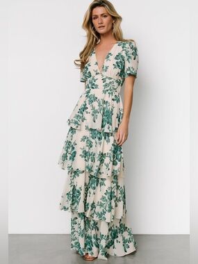 Baltic Born | Tiered Ruffle Floral Maxi Dress in Ivory/Green | Montaigne | Med